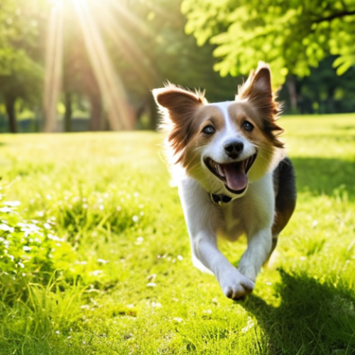 A happy dog running freely in a lush green park, chasing a frisbee with joy. Sunlight filters through the trees, creating a warm, playful atmosphere. Focus on energy and freedom.