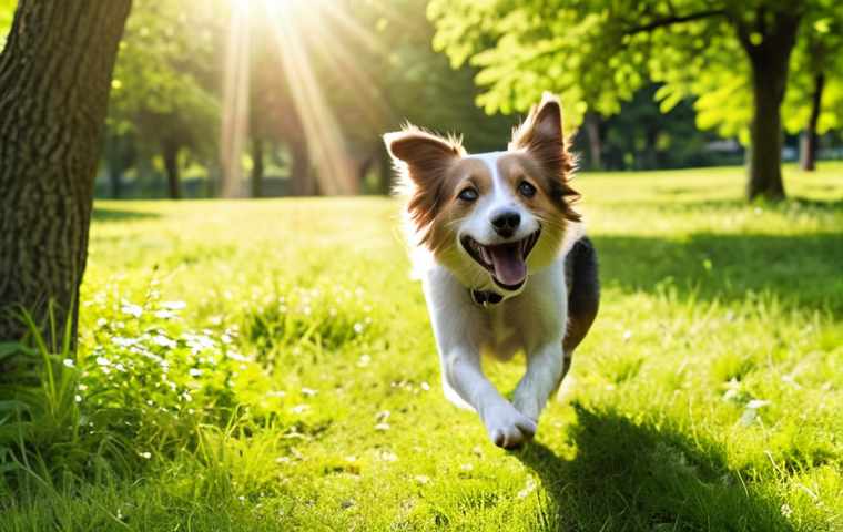 A happy dog running freely in a lush green park, chasing a frisbee with joy. Sunlight filters through the trees, creating a warm, playful atmosphere. Focus on energy and freedom.