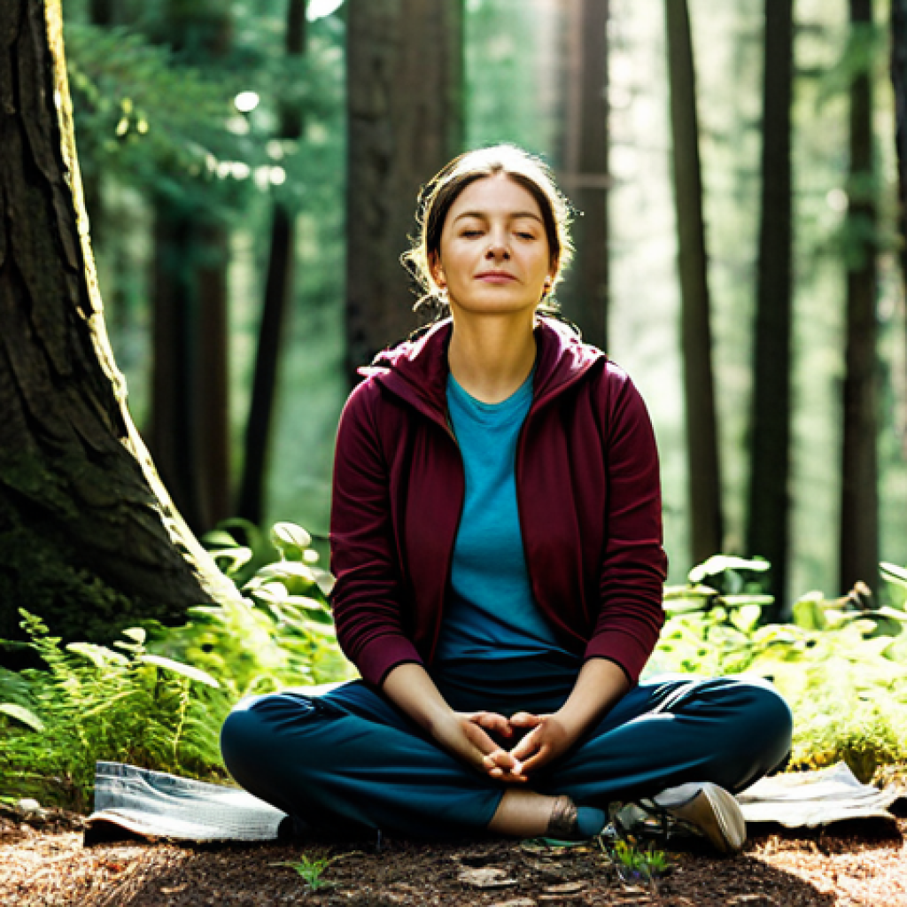 "A woman fully clothed in comfortable hiking attire, enjoying forest meditation, safe for work, appropriate content, perfect anatomy, correct proportions, natural pose, professional photography, high quality. She is sitting peacefully among tall trees, sunlight filtering through leaves, listening to natural sounds, wearing modest clothing, family-friendly, serene environment."