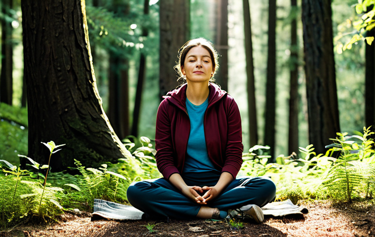 "A woman fully clothed in comfortable hiking attire, enjoying forest meditation, safe for work, appropriate content, perfect anatomy, correct proportions, natural pose, professional photography, high quality. She is sitting peacefully among tall trees, sunlight filtering through leaves, listening to natural sounds, wearing modest clothing, family-friendly, serene environment."