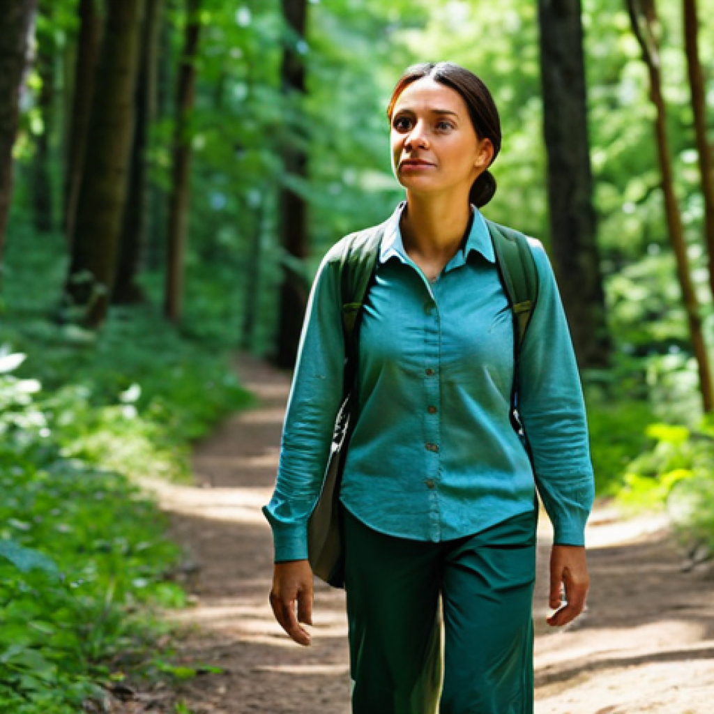 **

"A fully clothed woman in modest hiking attire walks along a sun-dappled forest path, surrounded by lush green trees. Focus on the peaceful expression on her face. Safe for work, appropriate content, professional photography, perfect anatomy, natural proportions, well-formed hands."

**