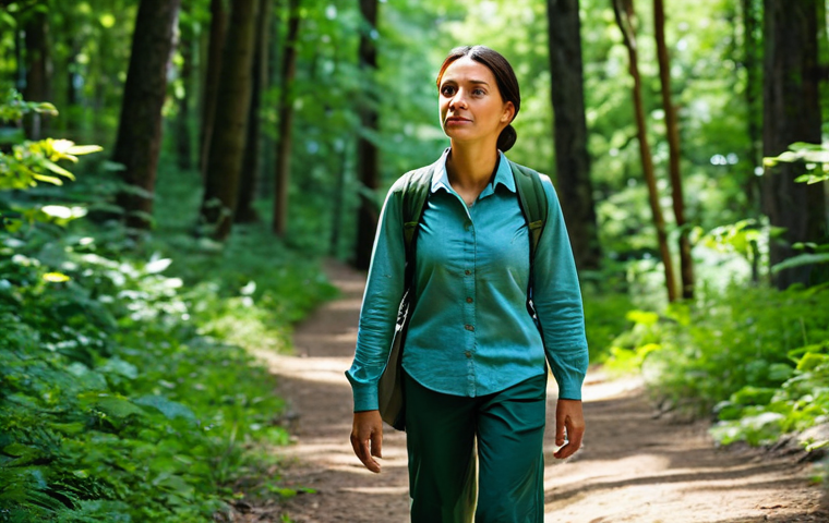 **

"A fully clothed woman in modest hiking attire walks along a sun-dappled forest path, surrounded by lush green trees. Focus on the peaceful expression on her face. Safe for work, appropriate content, professional photography, perfect anatomy, natural proportions, well-formed hands."

**