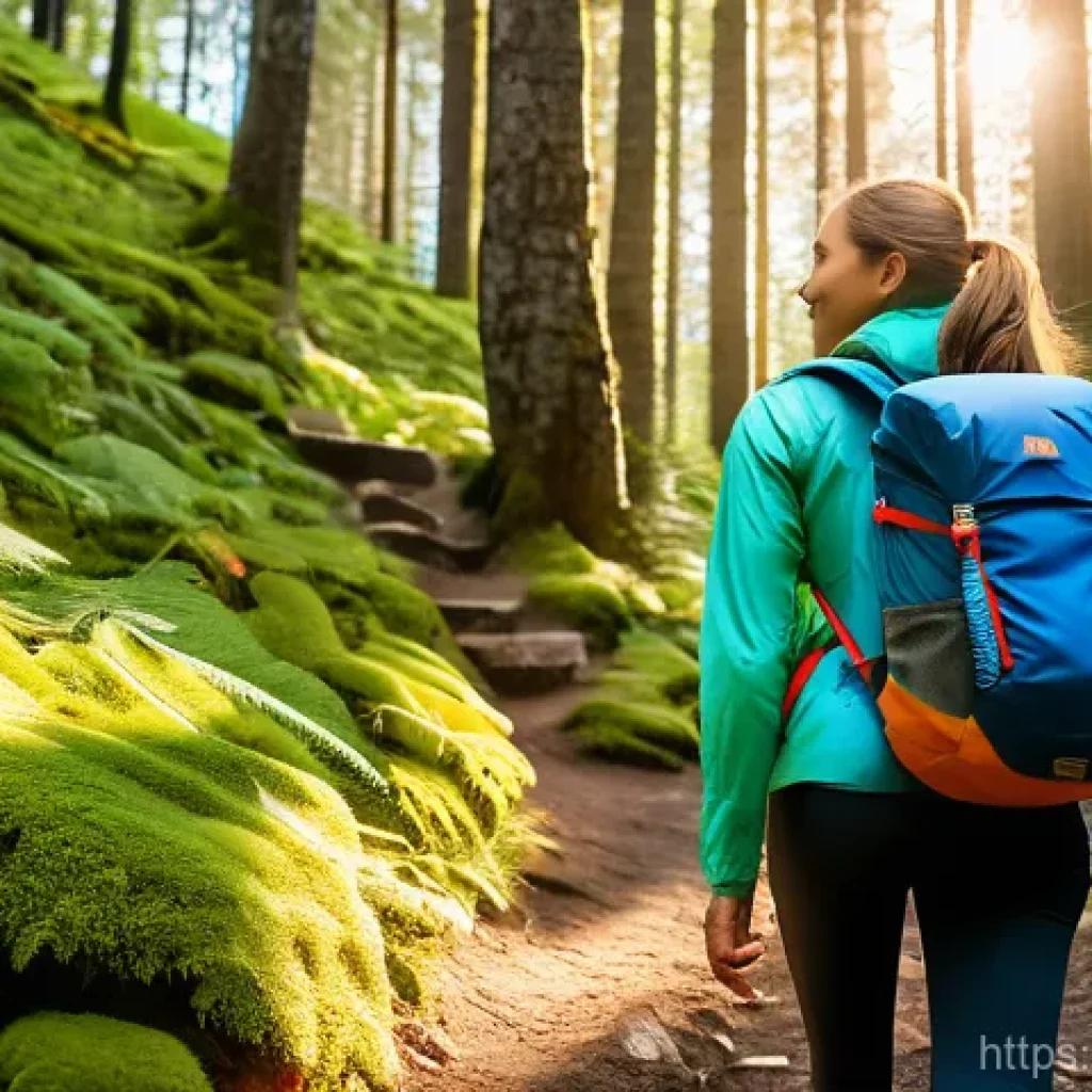 아웃도어 테라피의 지속 가능한 실천 - A female hiker in her 30s, dressed in modern, functional outdoor apparel made from recycled material...