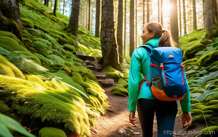 아웃도어 테라피의 지속 가능한 실천 - A female hiker in her 30s, dressed in modern, functional outdoor apparel made from recycled material...