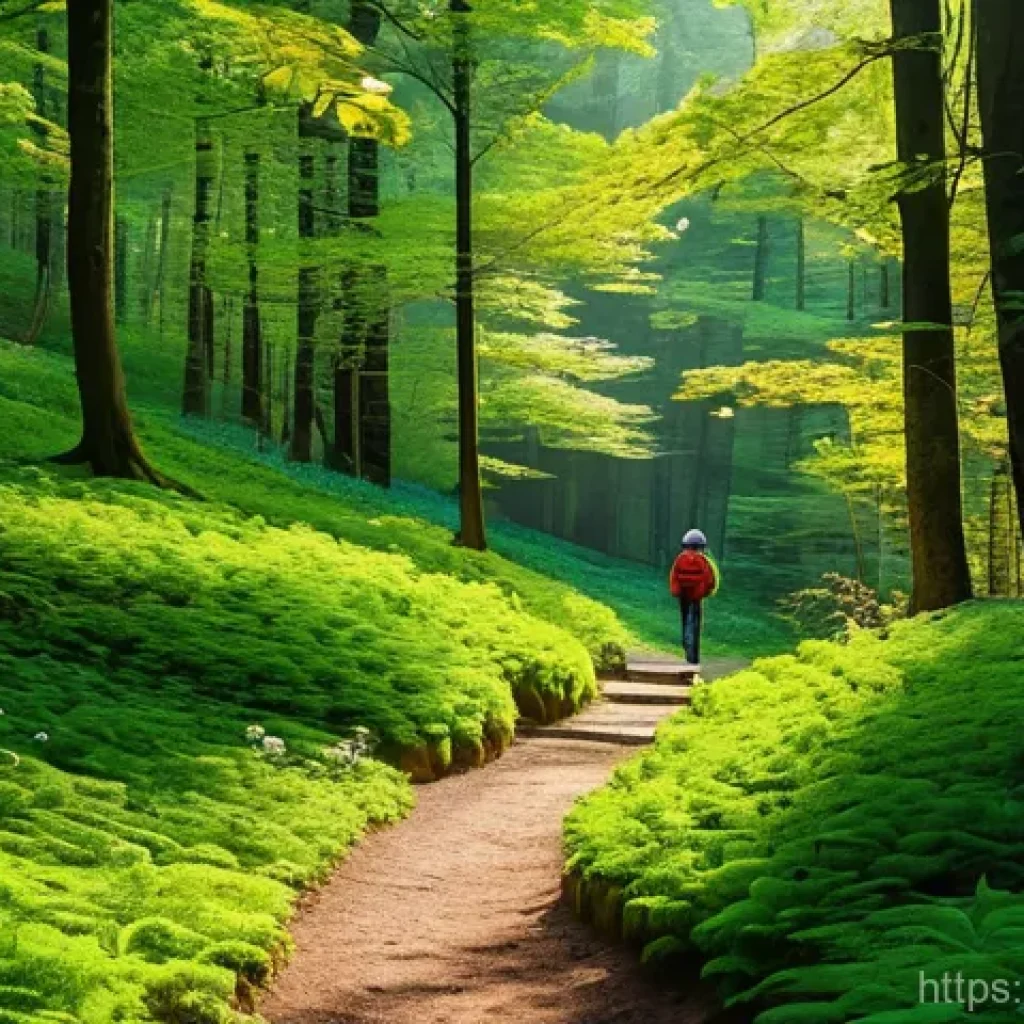 아웃도어 테라피의 기초 강의 - **Prompt 1: Serene Forest Bathing on a Sun-Dappled Path**
    A person, viewed from a slightly eleva...