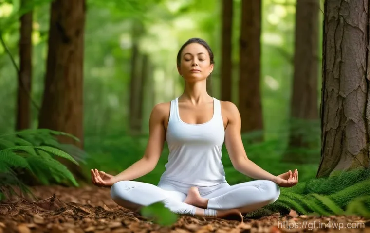 아웃도어 테라피를 통한 삶의 질 향상 - **Prompt 1: Serene Forest Yoga and Meditation**
    "A healthy adult woman in her late 20s or early ...