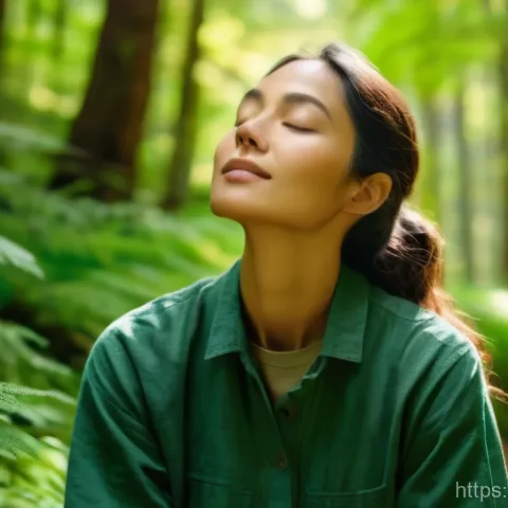 아웃도어 테라피와 지역 사회의 협력 - **A serene woman practicing forest bathing (Shinrin-yoku) amidst a lush, sun-dappled forest.** She i...