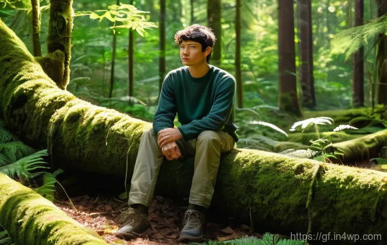 아웃도어 테라피와 정신 건강의 관계 - **A serene moment of introspection in a sun-dappled forest.** A lone person, appearing to be in thei...
