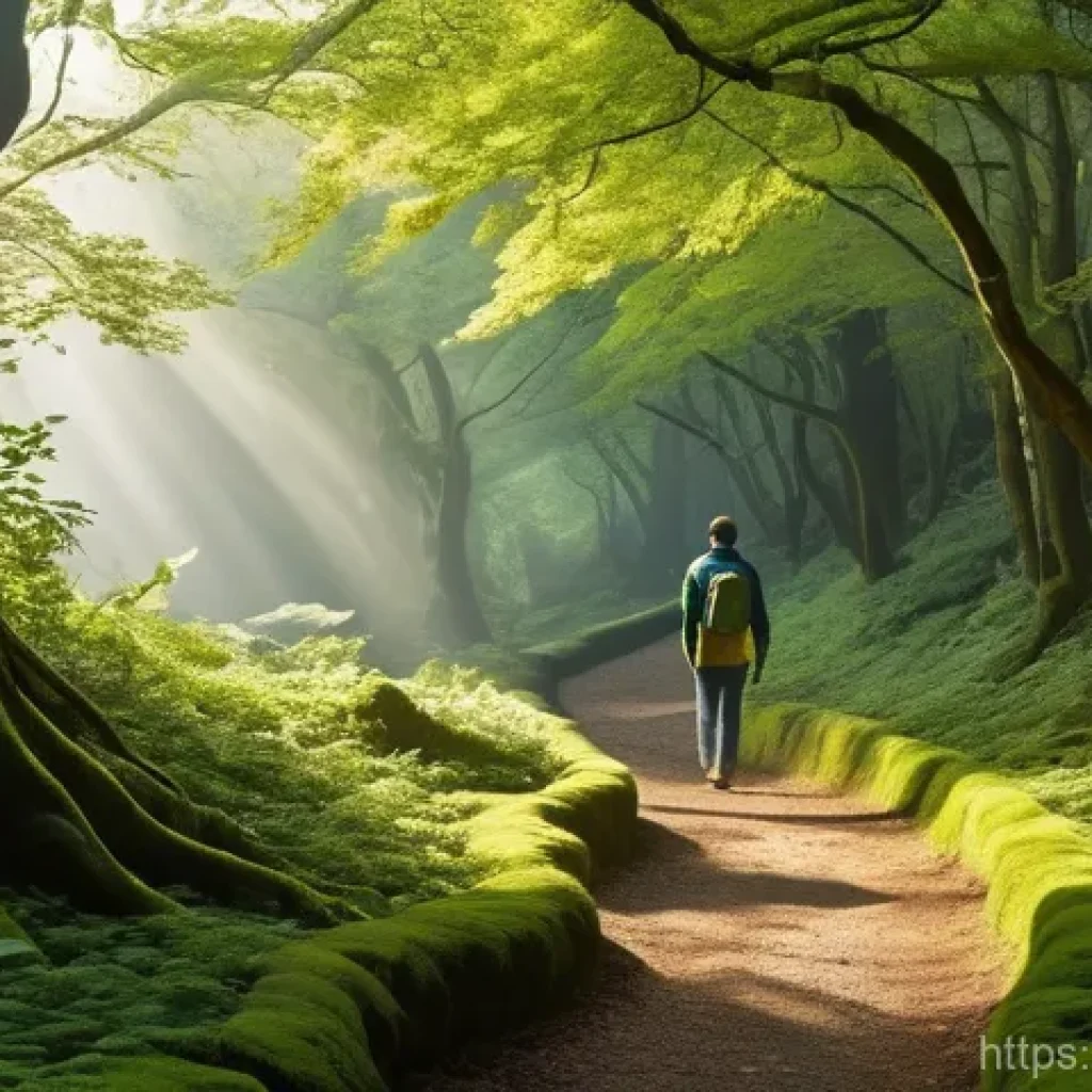 아웃도어 테라피와 생태계 보존 - A person, fully clothed in comfortable hiking attire, walks peacefully along a winding forest path b...