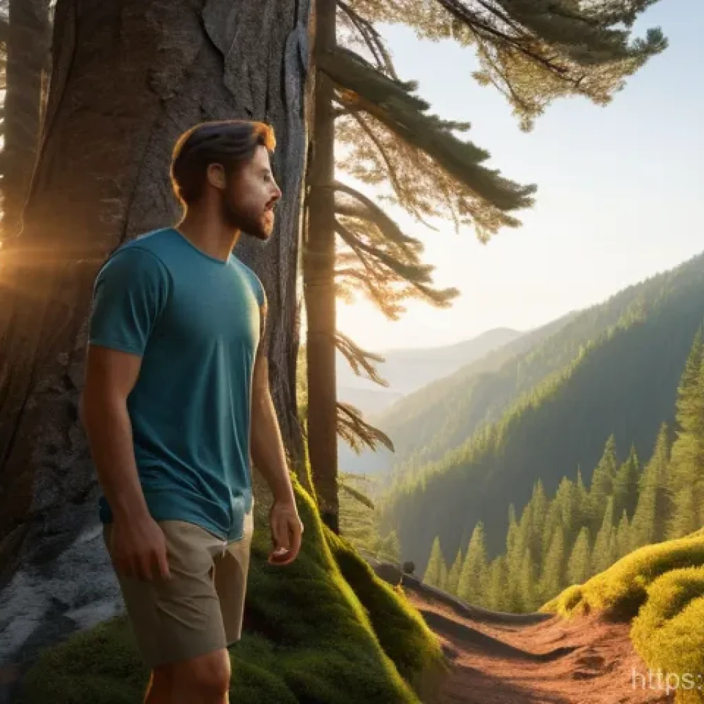 아웃도어 테라피와 새로운 인간관계 - A solo young adult, wearing comfortable outdoor attire (shorts and a t-shirt), stands peacefully on ...