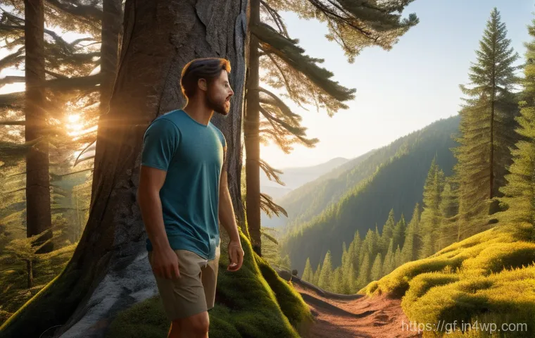 아웃도어 테라피와 새로운 인간관계 - A solo young adult, wearing comfortable outdoor attire (shorts and a t-shirt), stands peacefully on ...