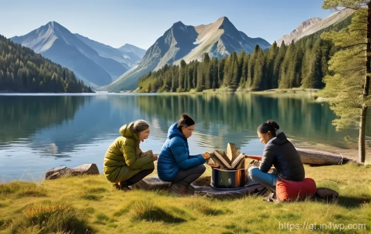 아웃도어 테라피와 새로운 인간관계 - A solo young adult, wearing comfortable outdoor attire (shorts and a t-shirt), stands peacefully on ...