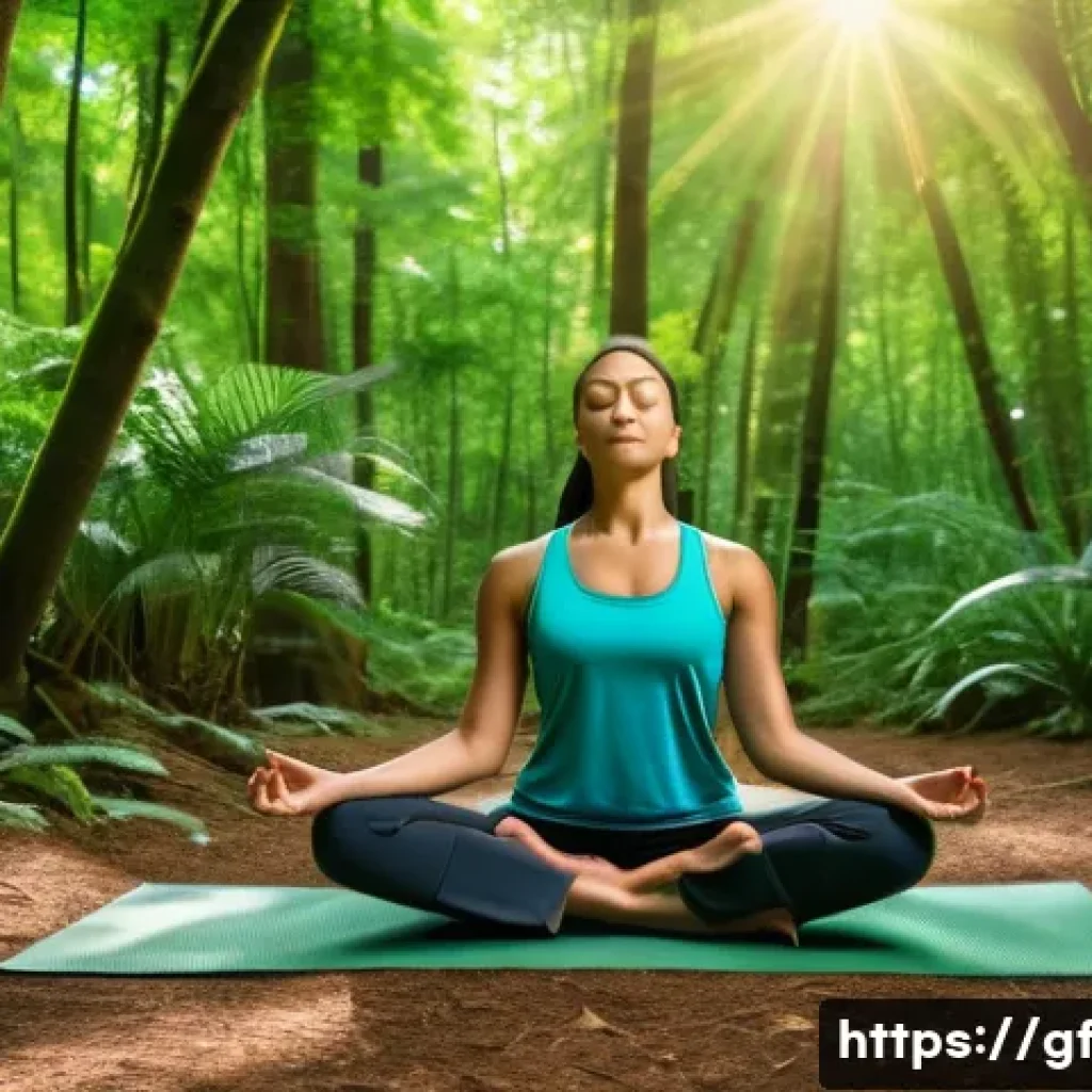 아웃도어 테라피와 환경 인식 - A serene woman in comfortable, modest activewear is meditating peacefully amidst a lush, verdant for...