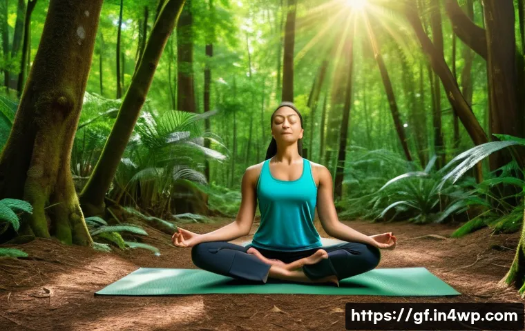아웃도어 테라피와 환경 인식 - A serene woman in comfortable, modest activewear is meditating peacefully amidst a lush, verdant for...
