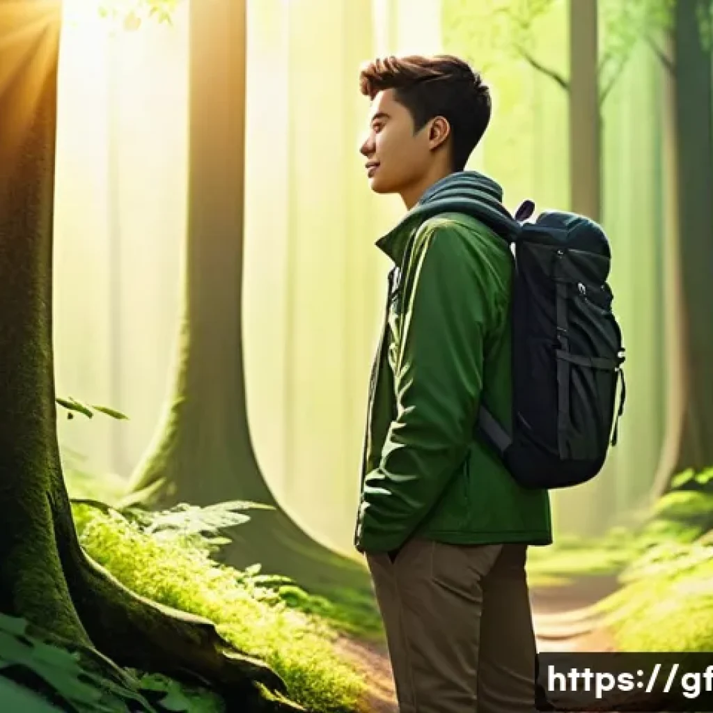 아웃도어 테라피와 지속적 성장 - **Prompt 1: Urban Escape to Forest Serenity**
    A young adult, dressed in casual yet stylish outdo...