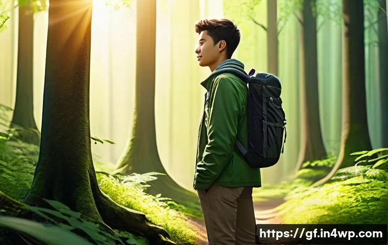 아웃도어 테라피와 지속적 성장 - **Prompt 1: Urban Escape to Forest Serenity**
    A young adult, dressed in casual yet stylish outdo...