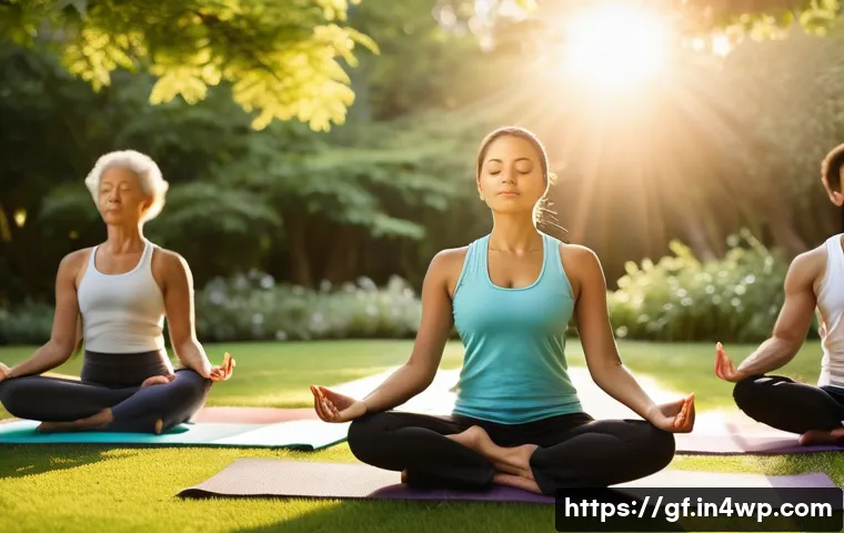 자연에서의 아웃도어 테라피 프로그램 - **Forest Serenity: Sunset Yoga and Meditation in a Lush Garden.** A diverse group of adults (men and...