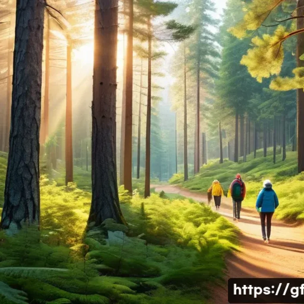 아웃도어 테라피의 필요성에 대한 논의 - A serene forest scene with a diverse group of people walking peacefully along a sun-dappled trail, s...