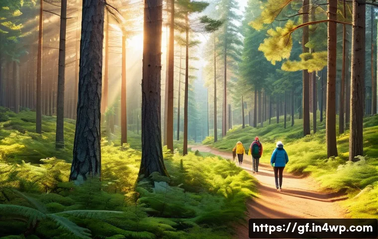 아웃도어 테라피의 필요성에 대한 논의 - A serene forest scene with a diverse group of people walking peacefully along a sun-dappled trail, s...