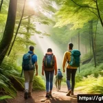 아웃도어 테라피와 사회적 연결감 - A serene forest scene during early morning light, showing a diverse group of friends hiking along a ...