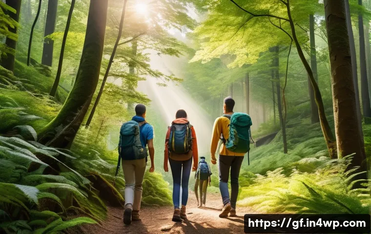 아웃도어 테라피와 사회적 연결감 - A serene forest scene during early morning light, showing a diverse group of friends hiking along a ...