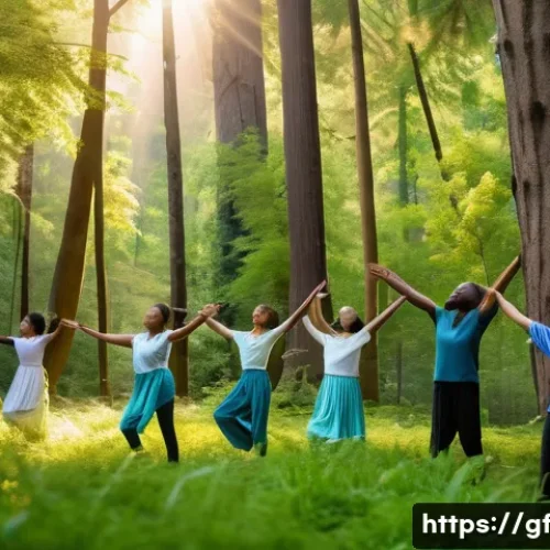 아웃도어 테라피에서의 감정 표현 방법 - A serene outdoor therapy scene in a lush forest during early morning light, featuring a diverse grou...