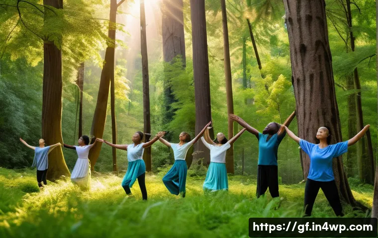 아웃도어 테라피에서의 감정 표현 방법 - A serene outdoor therapy scene in a lush forest during early morning light, featuring a diverse grou...