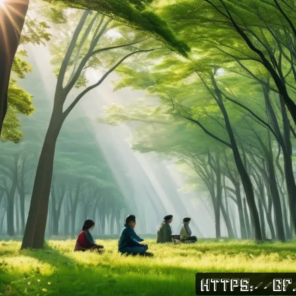 아웃도어 테라피와 긍정적 사고 - A serene forest scene during early morning light, featuring a diverse group of people engaging in ge...