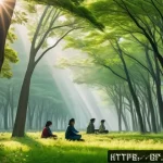 아웃도어 테라피와 긍정적 사고 - A serene forest scene during early morning light, featuring a diverse group of people engaging in ge...