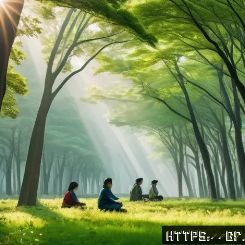 아웃도어 테라피와 긍정적 사고 - A serene forest scene during early morning light, featuring a diverse group of people engaging in ge...