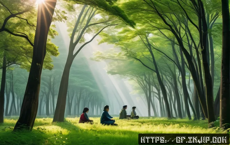 아웃도어 테라피와 긍정적 사고 - A serene forest scene during early morning light, featuring a diverse group of people engaging in ge...