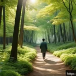 아웃도어 테라피와 지속 가능한 삶 - A serene forest scene capturing a person walking slowly on a quiet, shaded woodland path surrounded ...