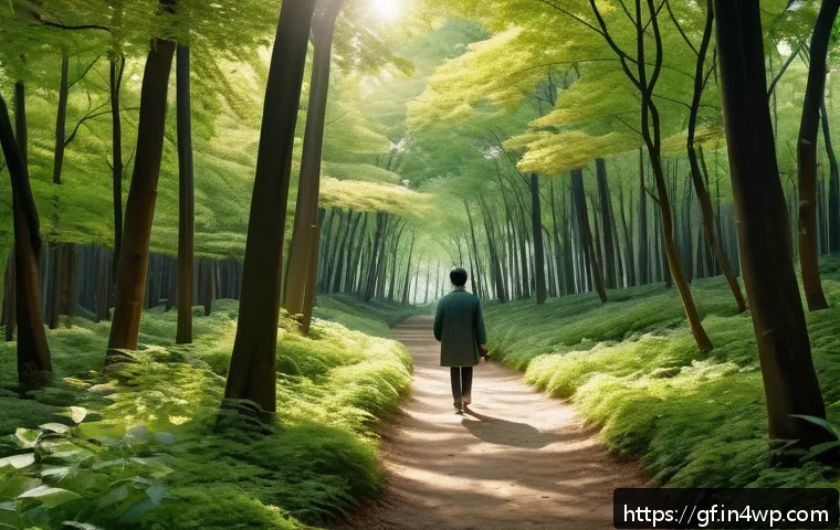 아웃도어 테라피와 지속 가능한 삶 - A serene forest scene capturing a person walking slowly on a quiet, shaded woodland path surrounded ...