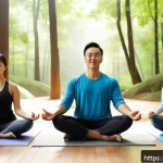 아웃도어 테라피와 기술의 융합 - A serene forest healing retreat featuring a diverse group of adults practicing yoga and meditation s...