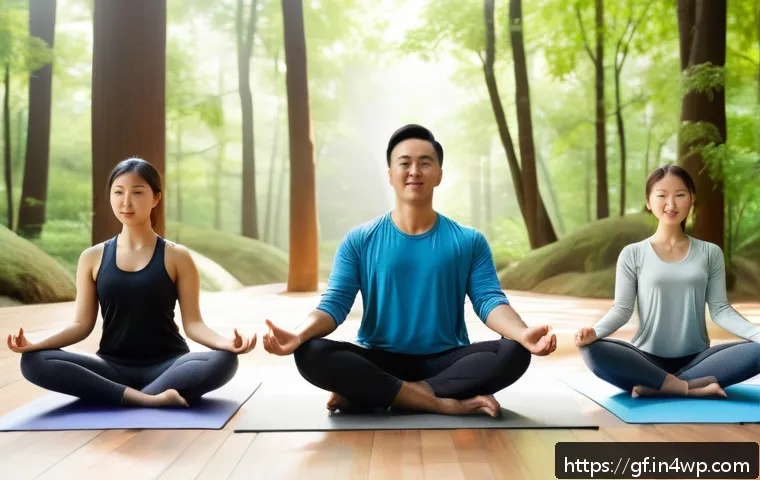아웃도어 테라피와 기술의 융합 - A serene forest healing retreat featuring a diverse group of adults practicing yoga and meditation s...