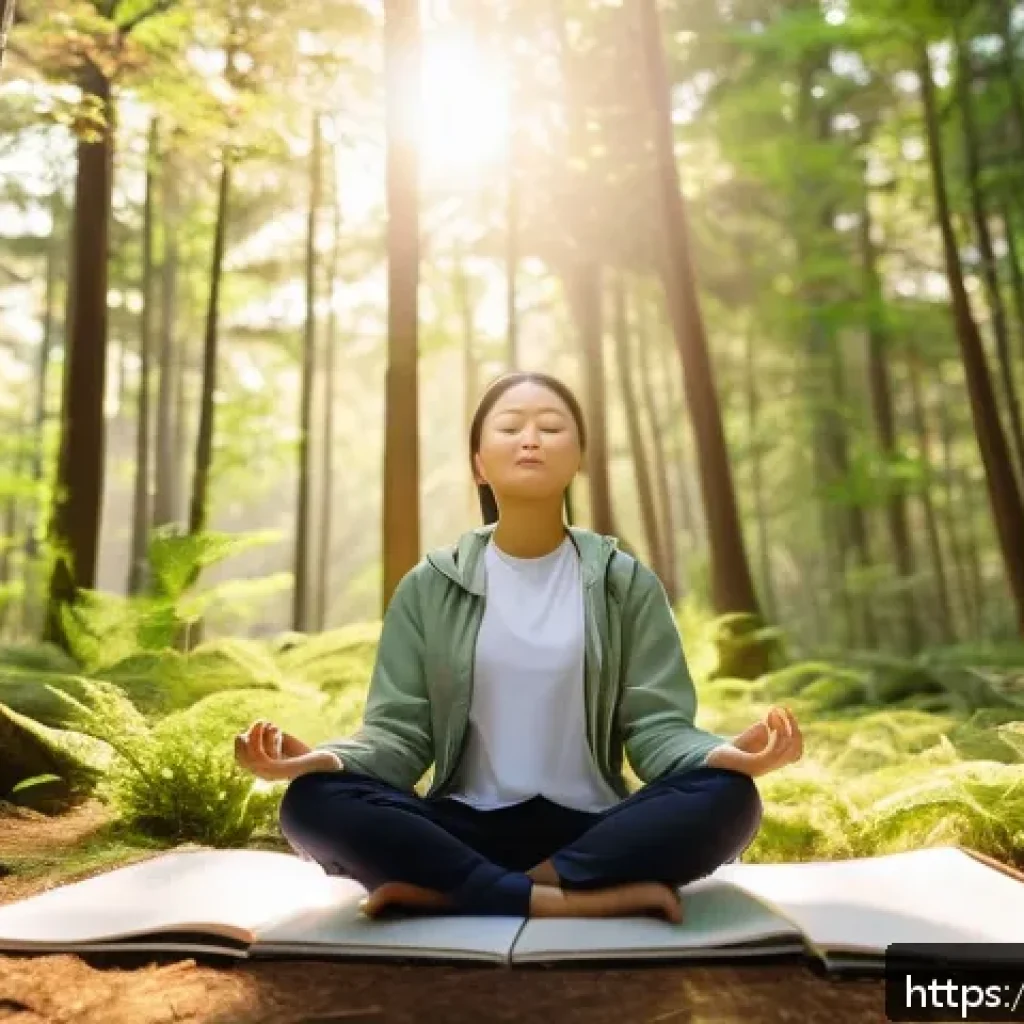 아웃도어 테라피를 위한 심리적 준비 - A serene outdoor scene depicting a young adult practicing mindfulness meditation in a lush forest cl...
