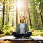 아웃도어 테라피를 위한 심리적 준비 - A serene outdoor scene depicting a young adult practicing mindfulness meditation in a lush forest cl...