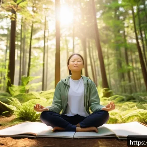 아웃도어 테라피를 위한 심리적 준비 - A serene outdoor scene depicting a young adult practicing mindfulness meditation in a lush forest cl...