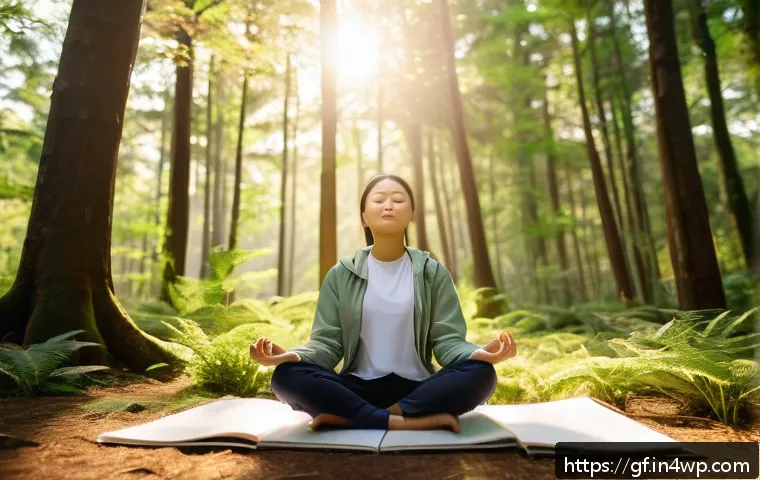 아웃도어 테라피를 위한 심리적 준비 - A serene outdoor scene depicting a young adult practicing mindfulness meditation in a lush forest cl...